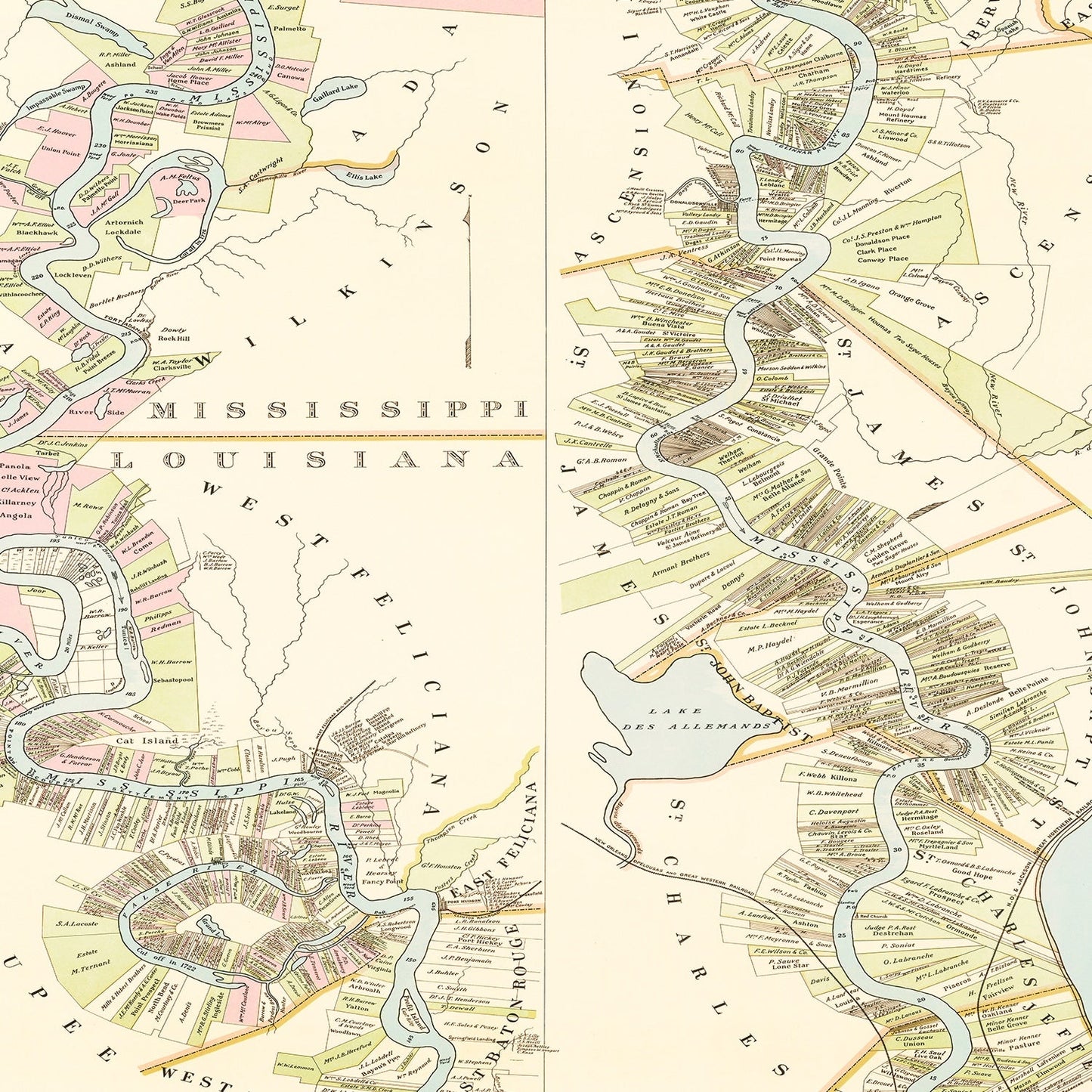 Vintage Plantations on the Mississippi River Map, 1858