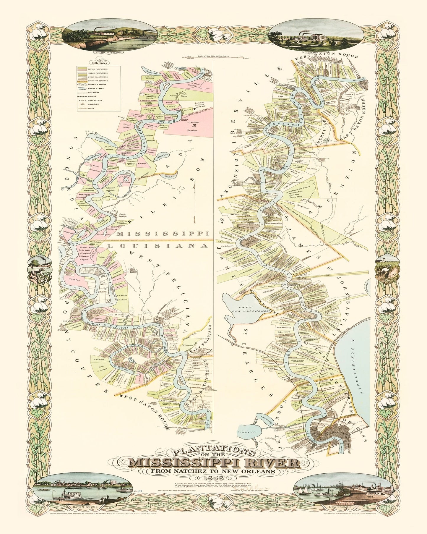 Vintage Plantations on the Mississippi River Map, 1858
