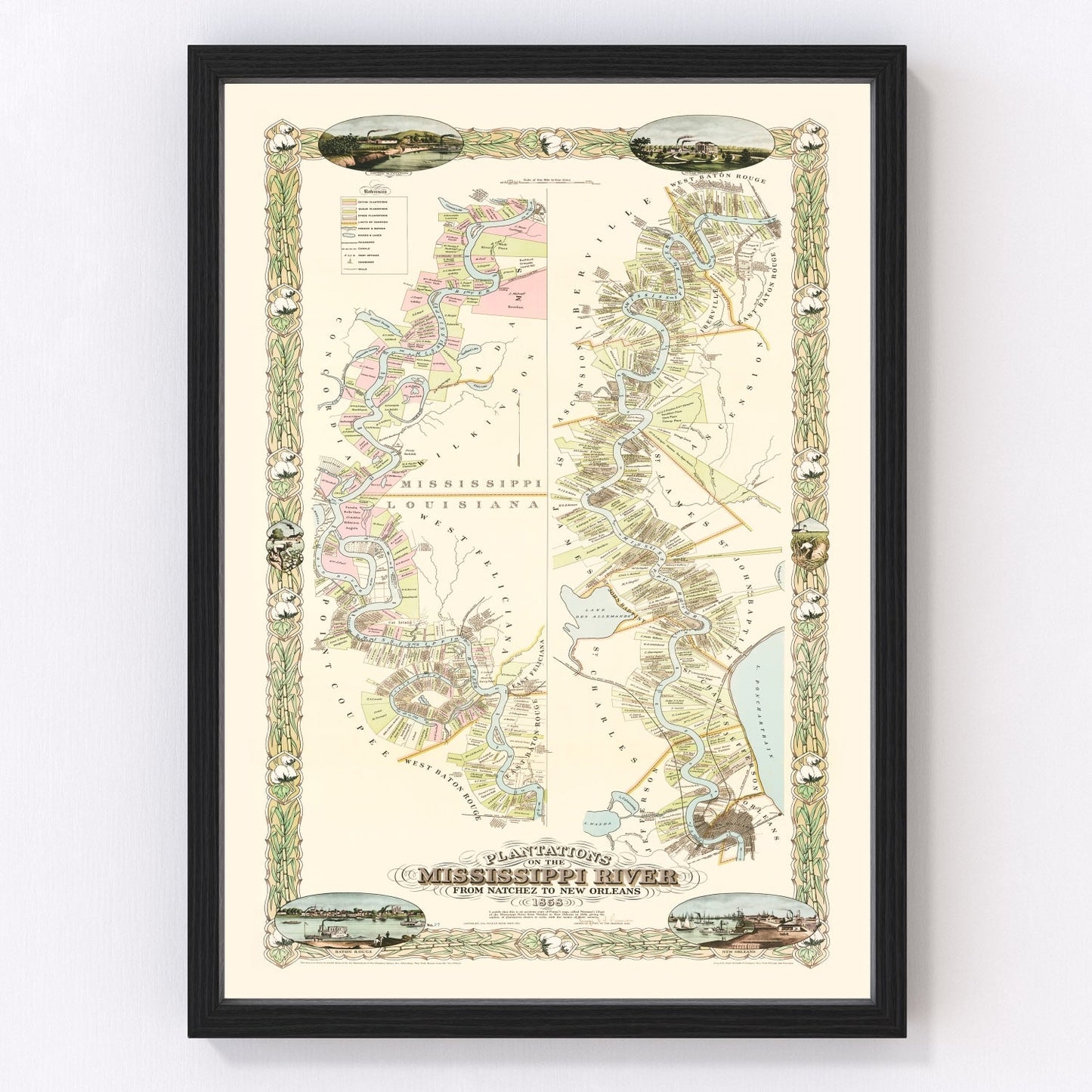 vintage map of plantations on the Mississippi River, Louisiana, 1858
