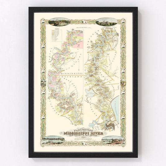 vintage map of plantations on the Mississippi River, Louisiana, 1858