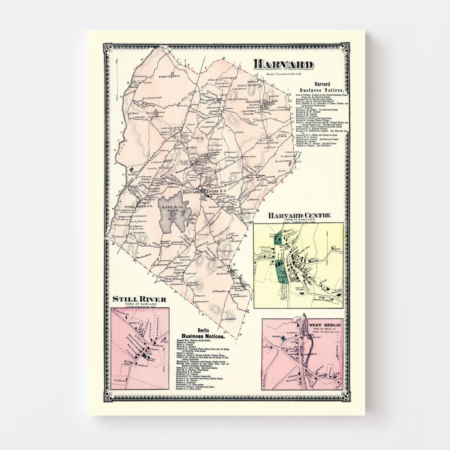 Vintage Map of Harvard, Massachusetts, 1870
