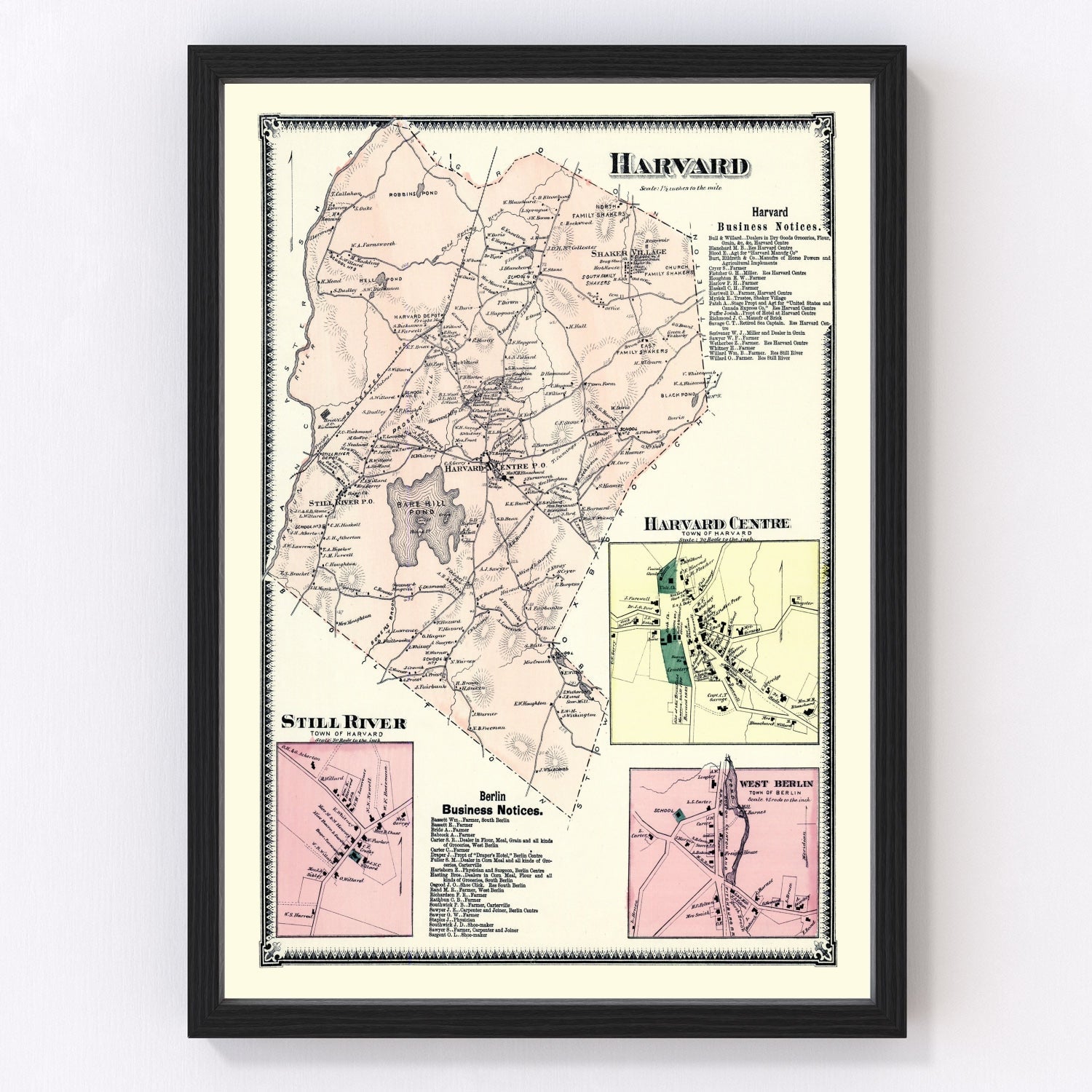 Vintage map of Harvard, Massachusetts, 1870