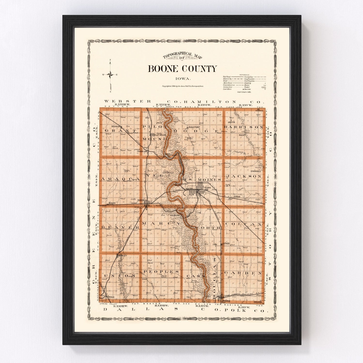 vintage map of Boone County, Oklahoma, 1904, restored print wall art