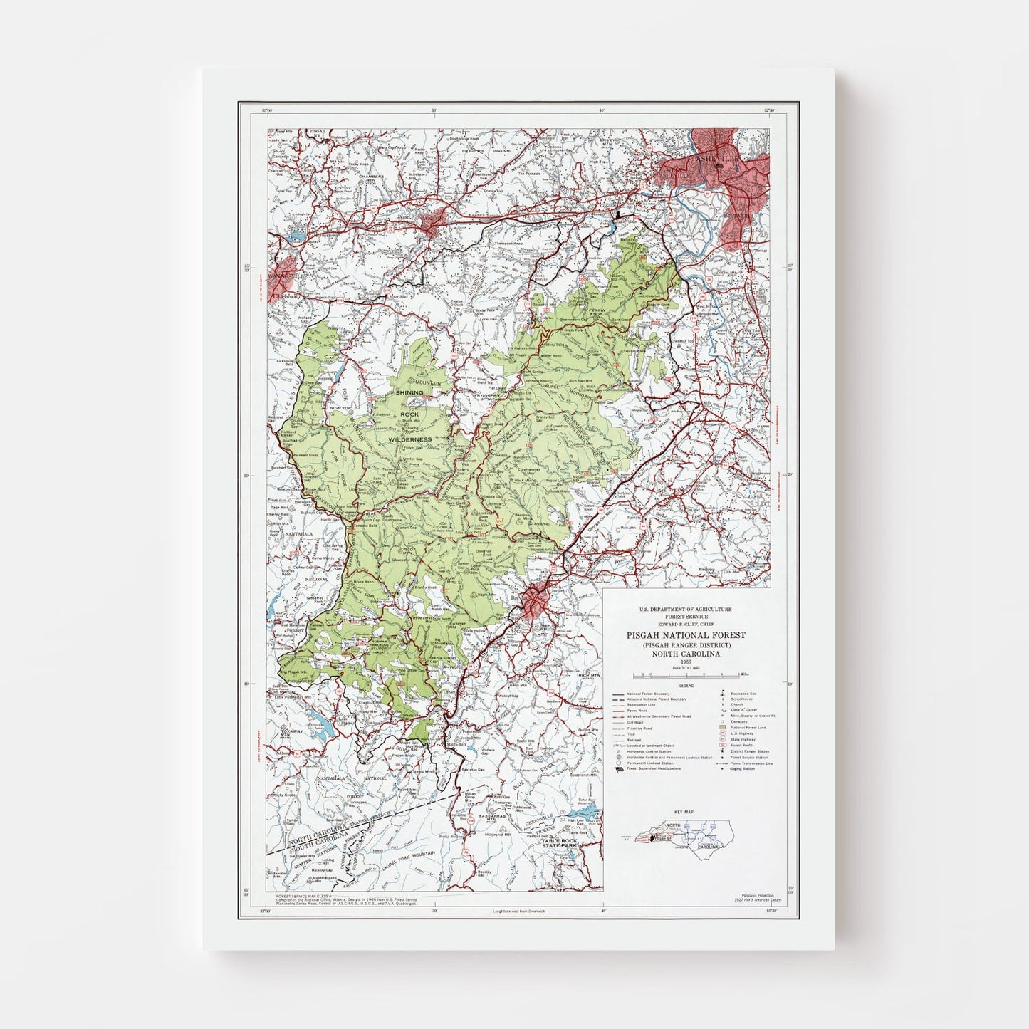 Vintage Pisgah National Forest Map, North Carolina, 1966
