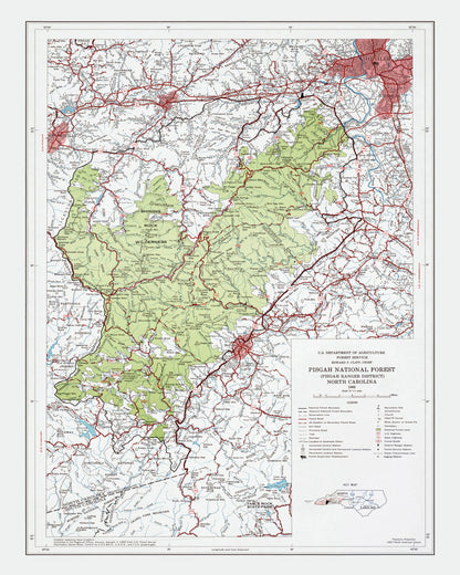 Vintage Pisgah National Forest Map, North Carolina, 1966
