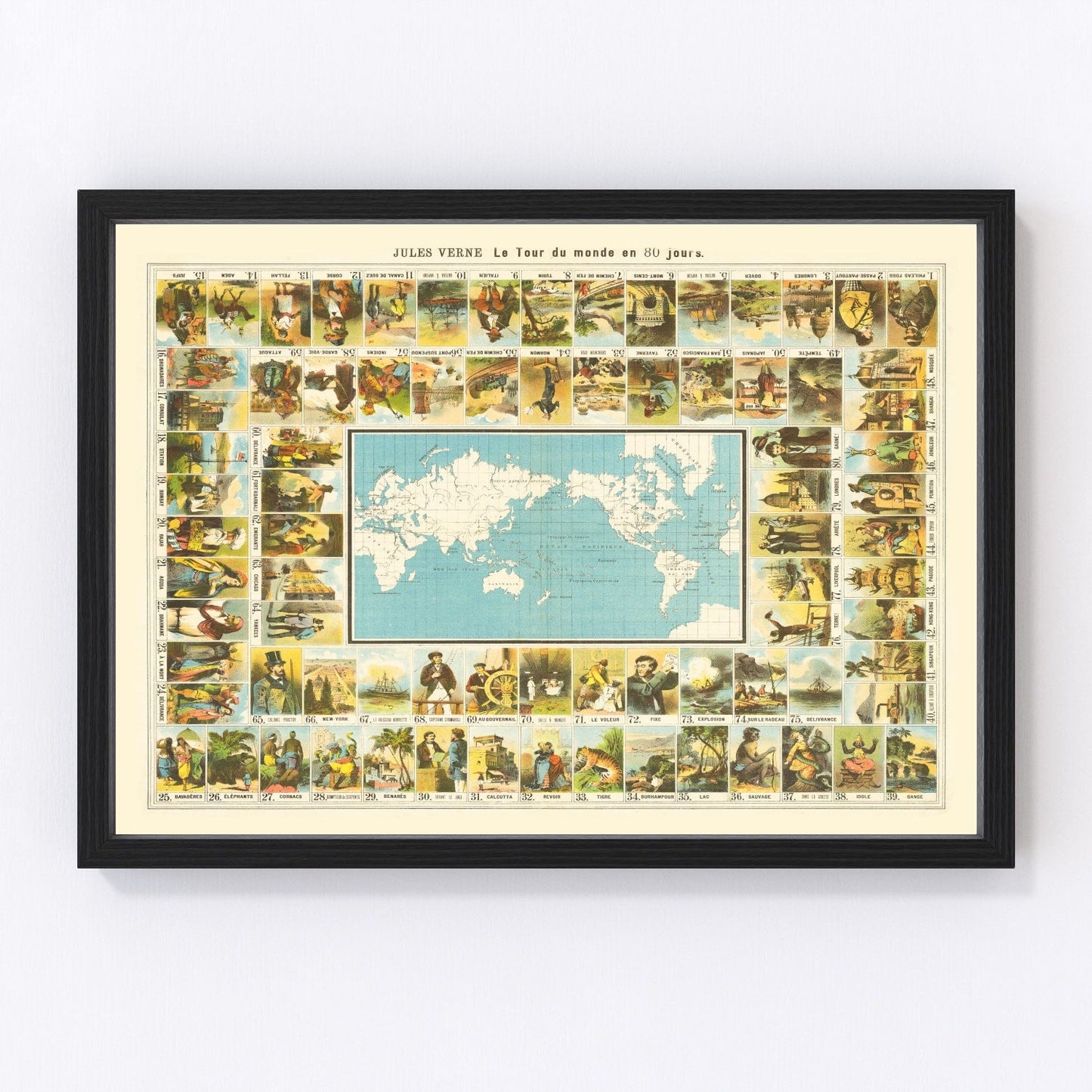 Jules Verne Around the World in 80 Days map, 1870, restored vintage print