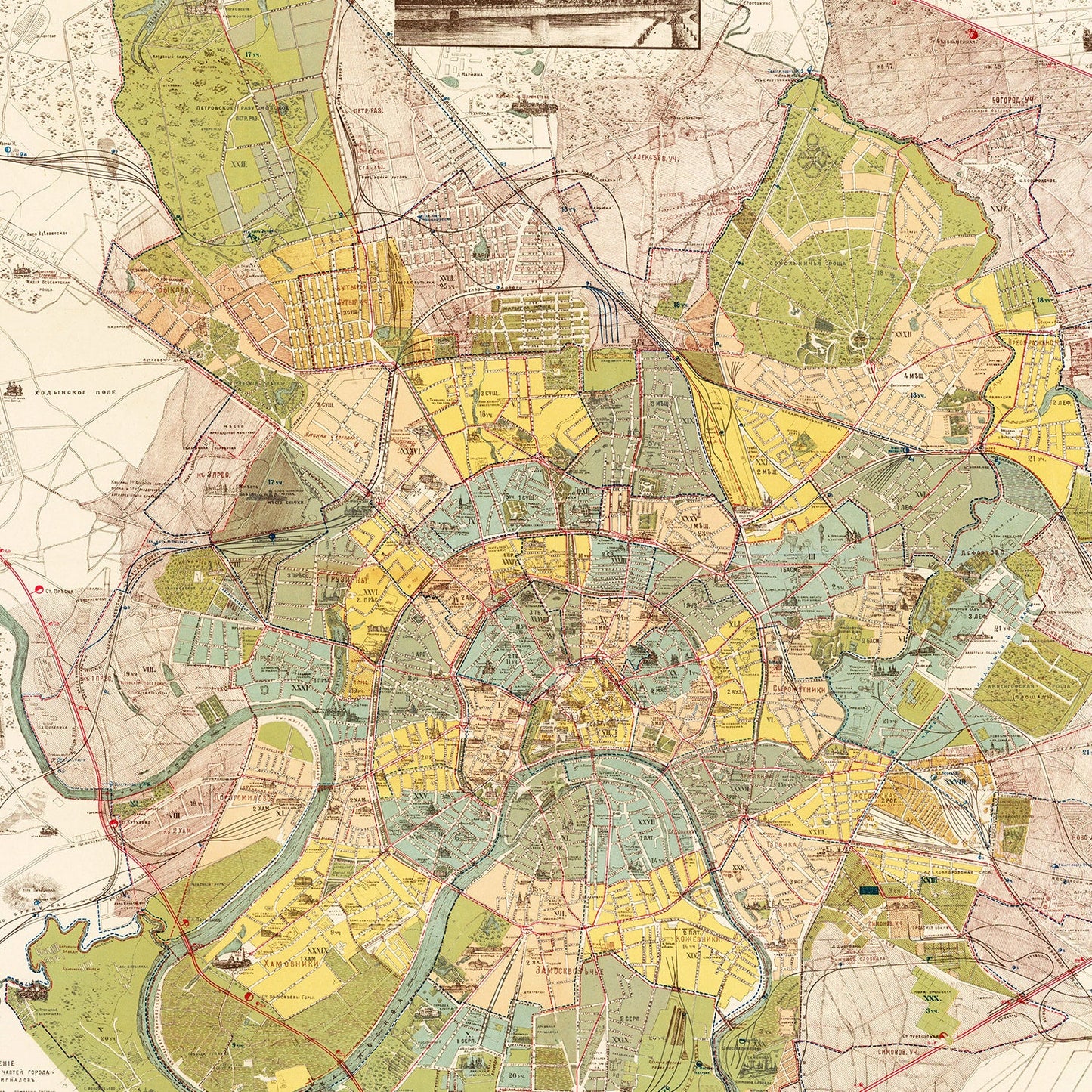 Vintage Map of Moscow, Russia, 1910