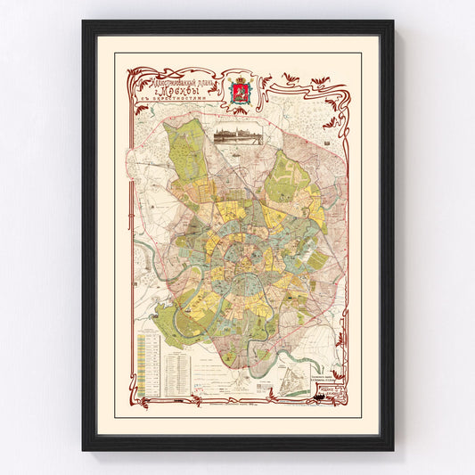 vintage map of Moscow, Russia, 1910