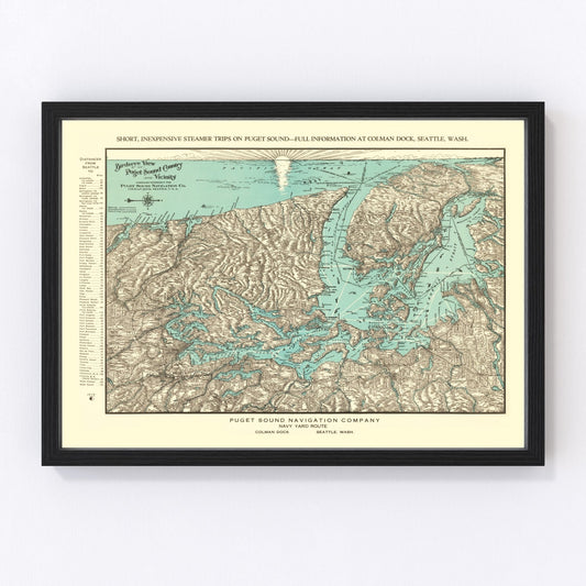 vintage map of Puget Sound, Washington, 1910, Pacific Northwest coastal chart