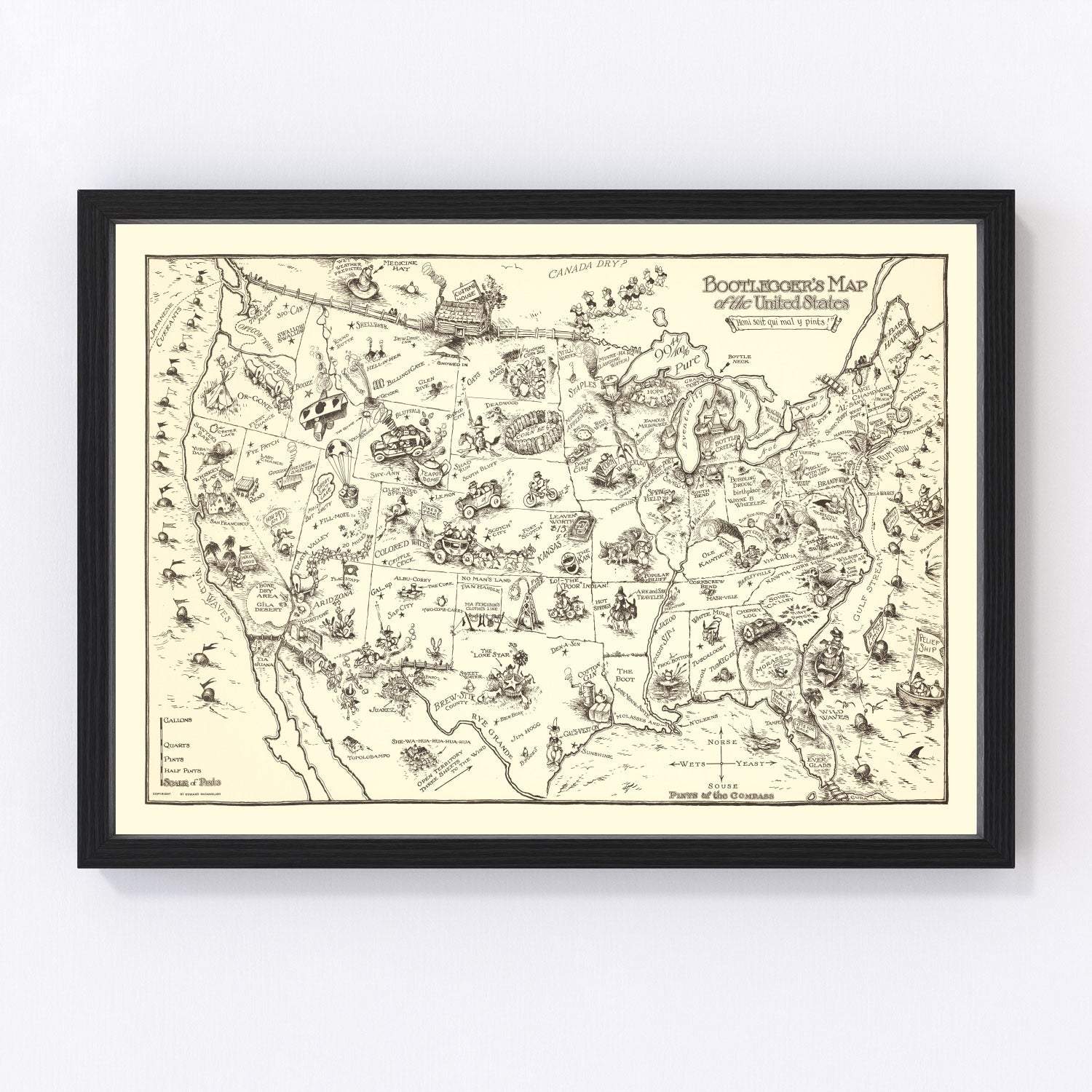 Vintage bootlegger's Prohibition map of the United States 1926, novelty restored print wall art