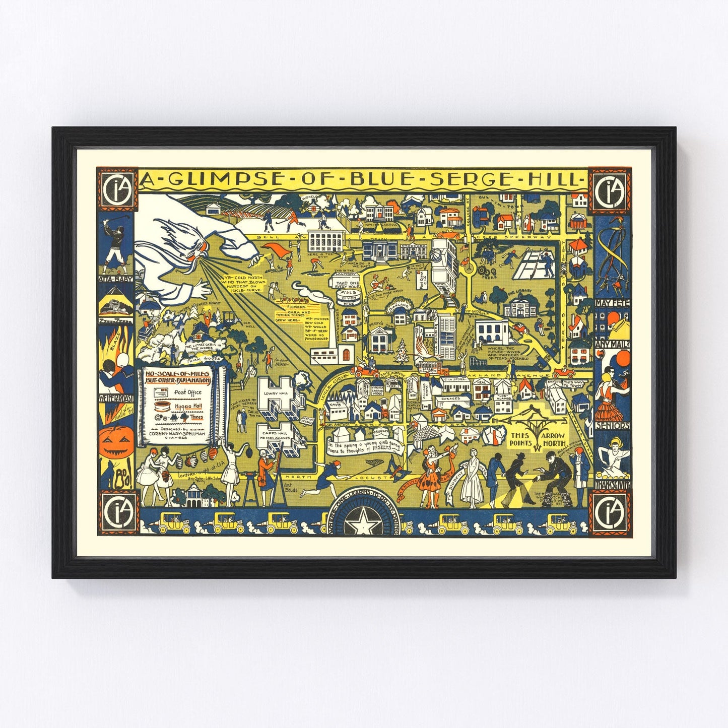 Vintage campus map of Texas Woman's University, Denton, Texas, 1928 - restored university grounds