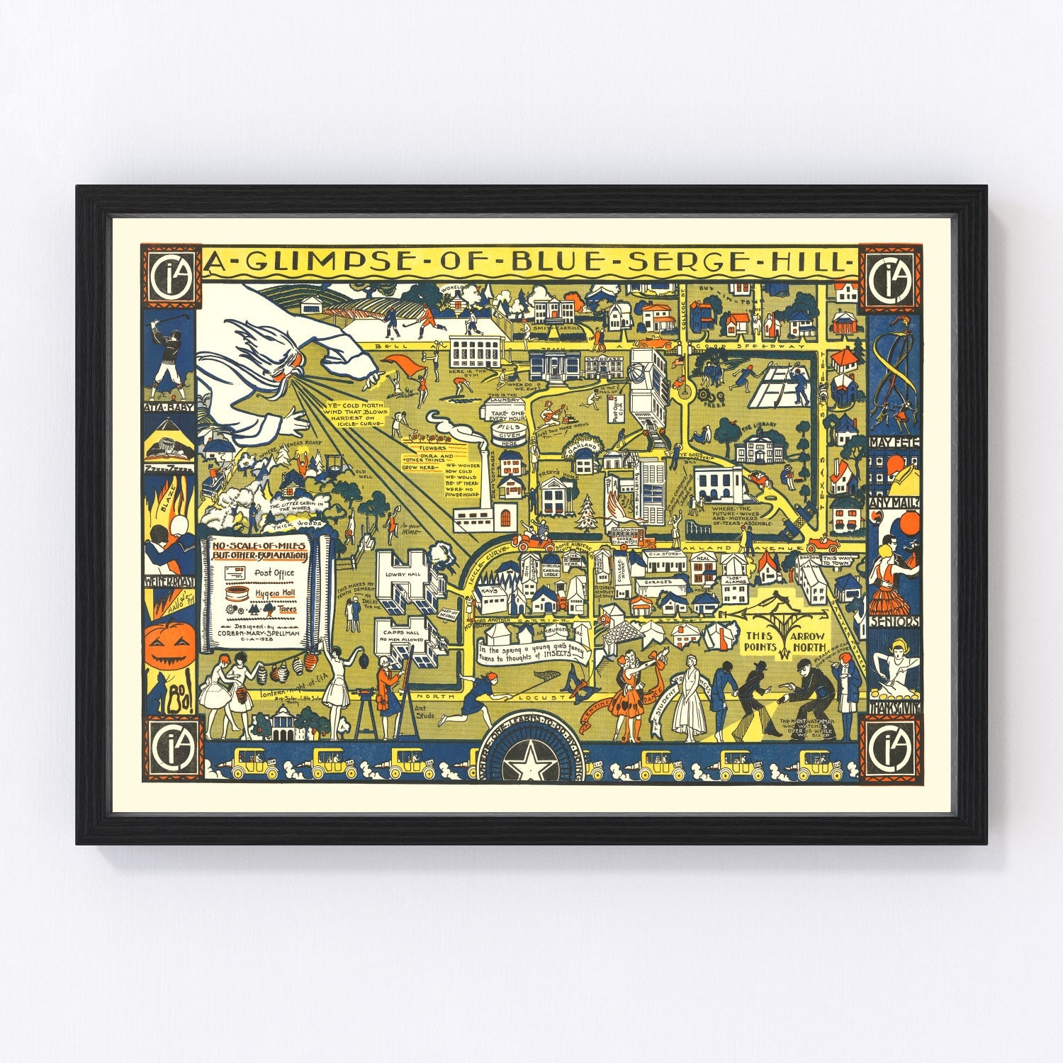Vintage campus map of Texas Woman's University, Denton, Texas, 1928 - restored university grounds