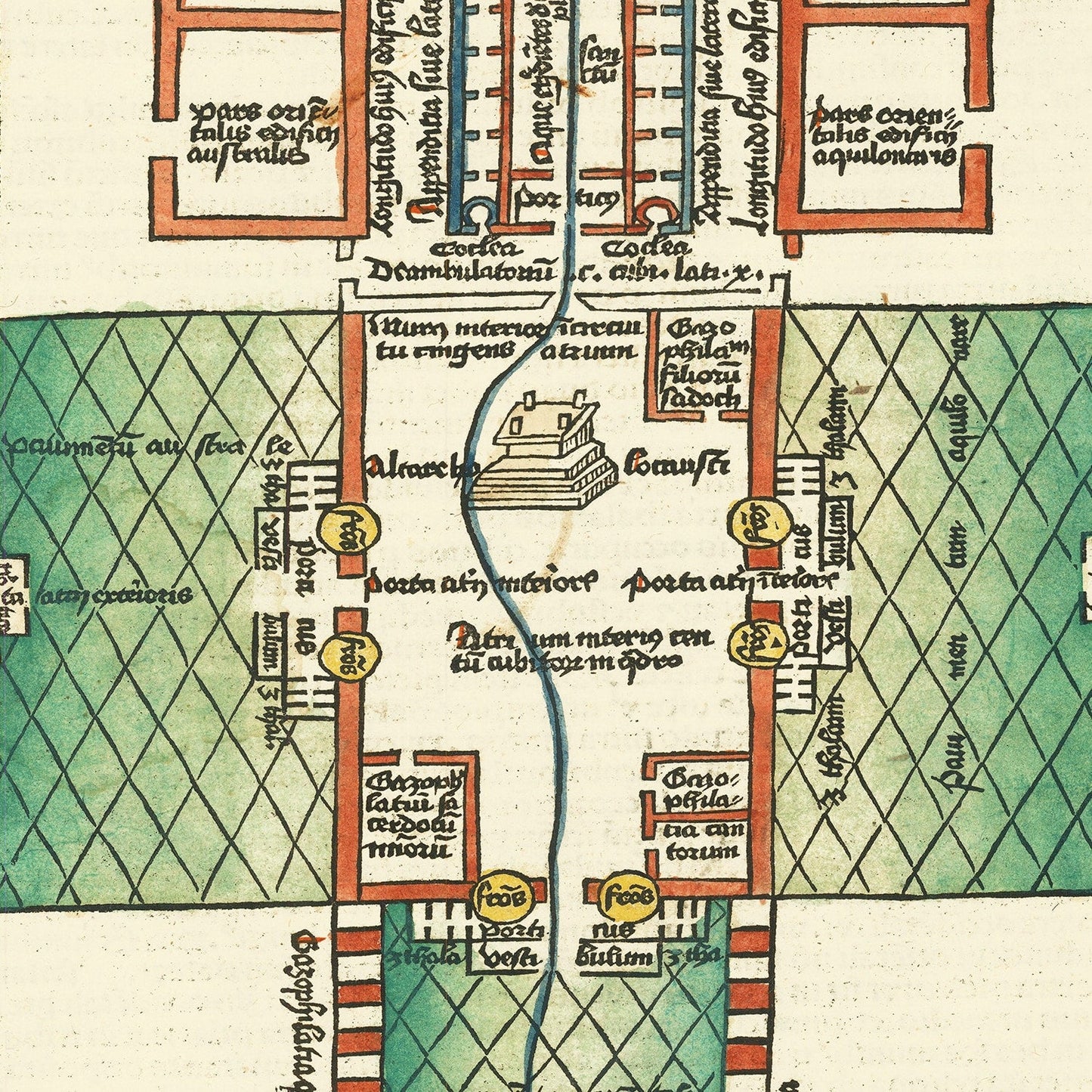 Vintage Map of Ezekiel's Temple, Israel, 1493