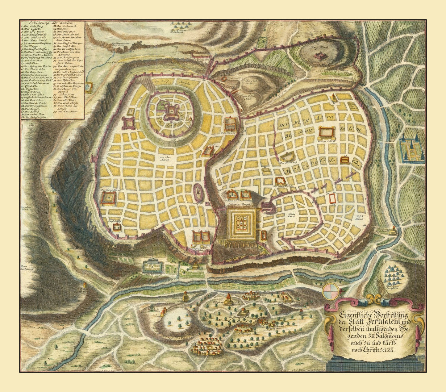 Vintage Map of Jerusalem, Israel, 1736