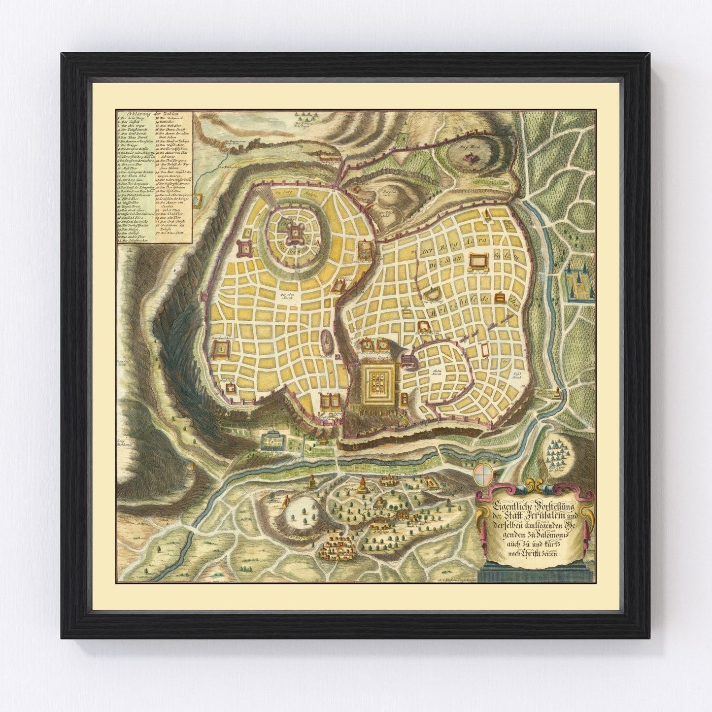 Vintage map of Jerusalem, Israel, 1736