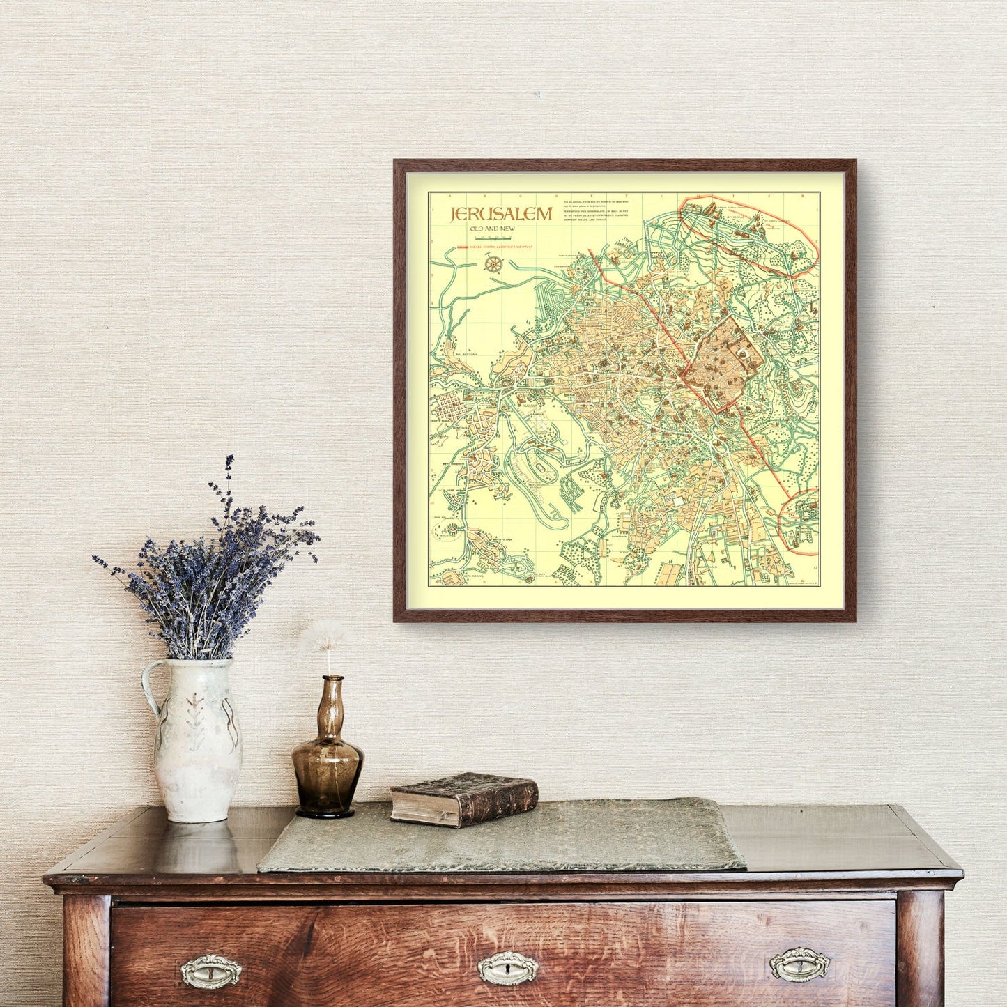 Vintage Map of Jerusalem, Israel, 1955