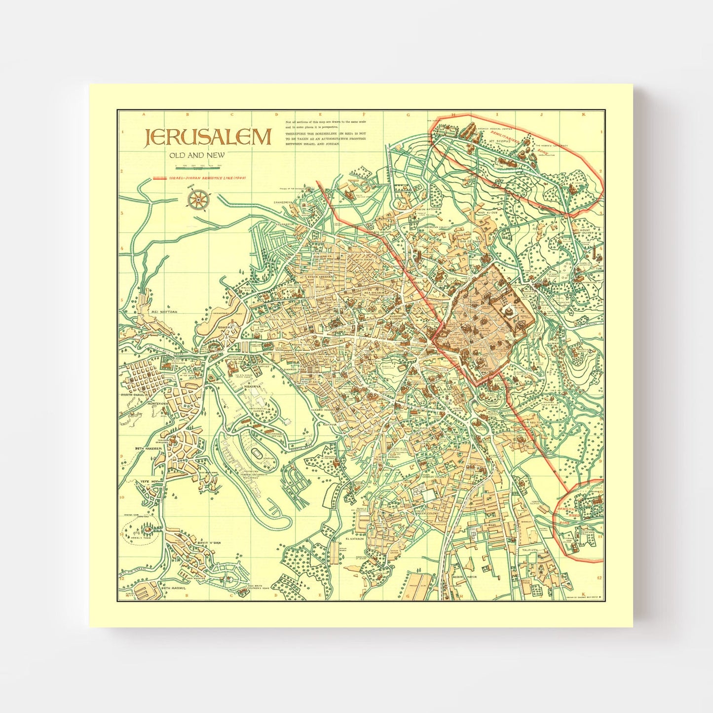 Vintage Map of Jerusalem, Israel, 1955