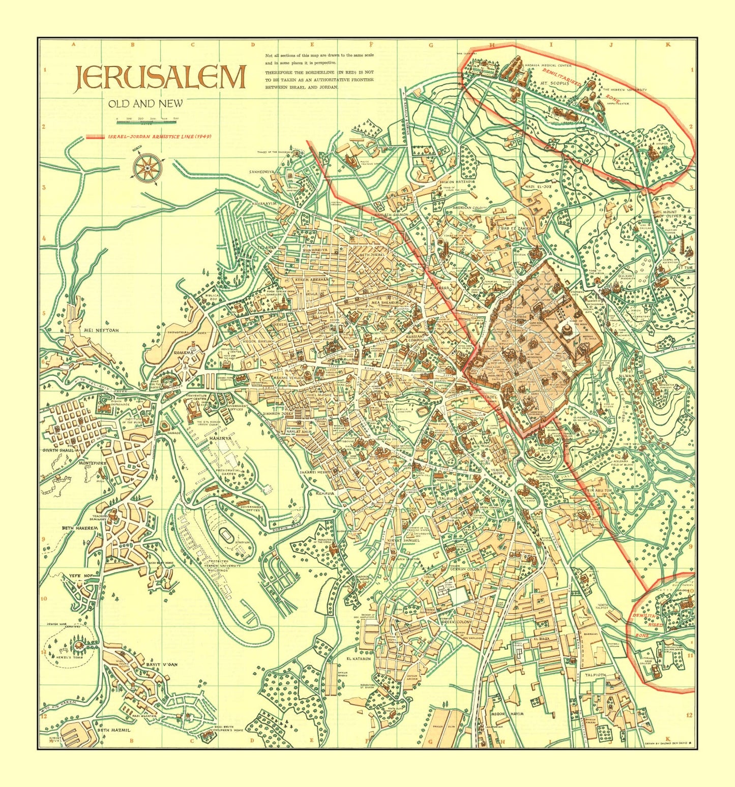 Vintage Map of Jerusalem, Israel, 1955
