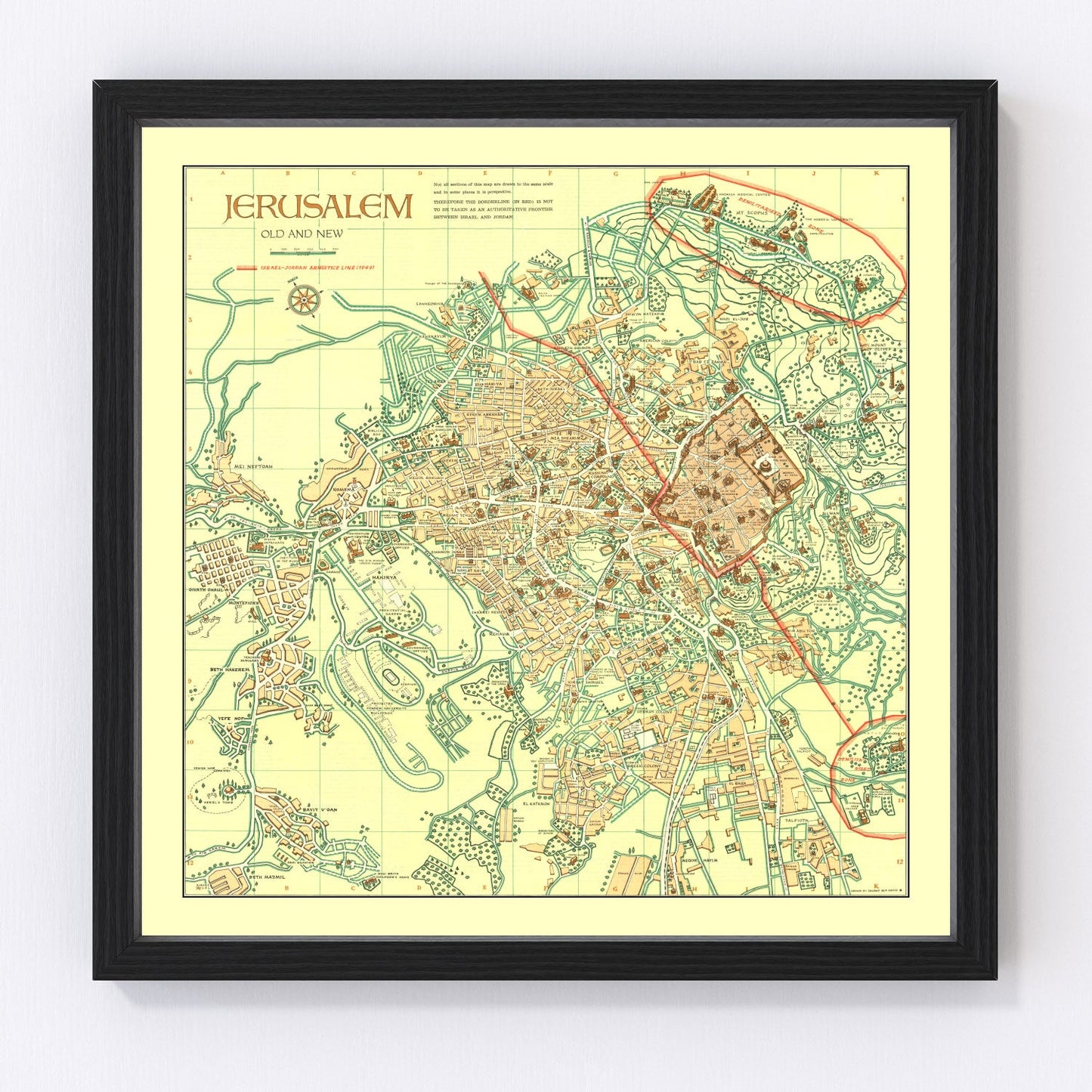 Vintage map of Jerusalem, Israel, 1955