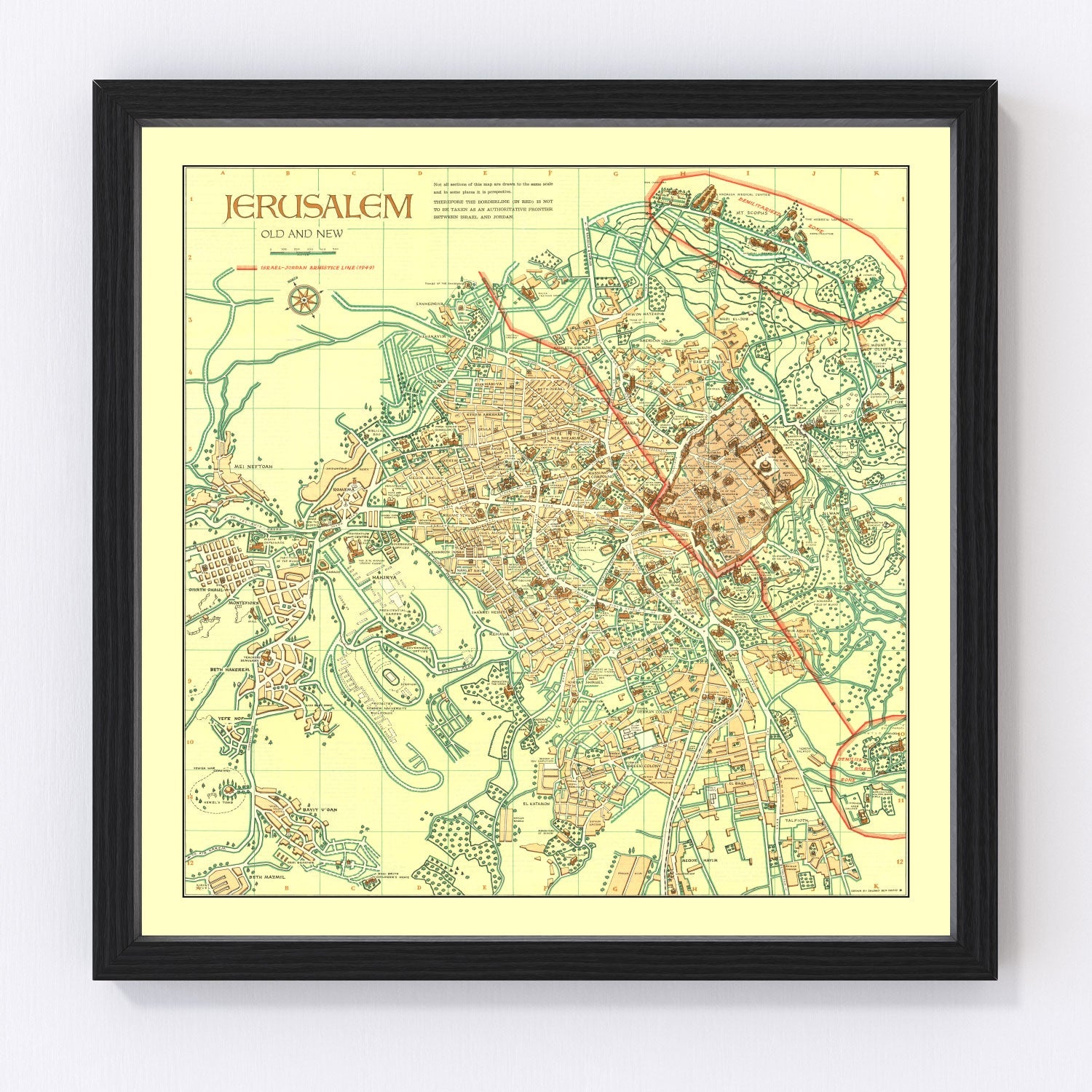 Vintage map of Jerusalem, Israel, 1955