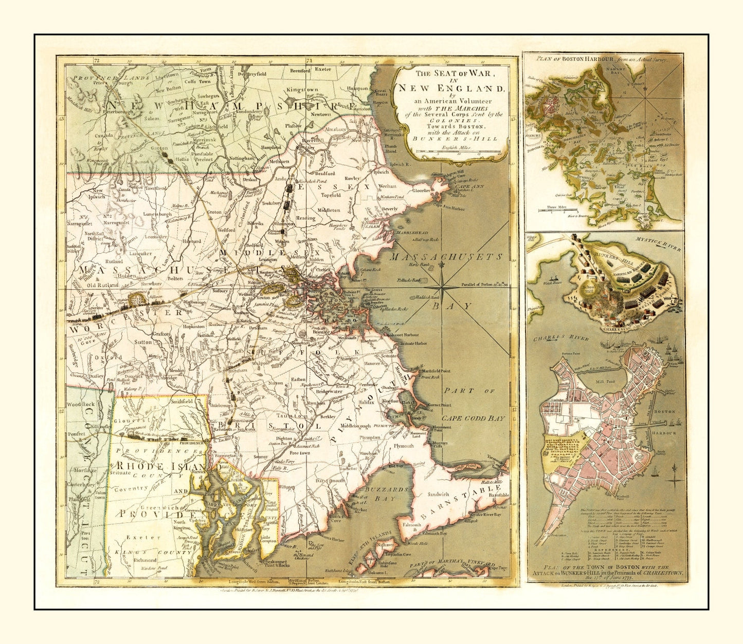 Vintage Map of the Seat of War in New England, 1775