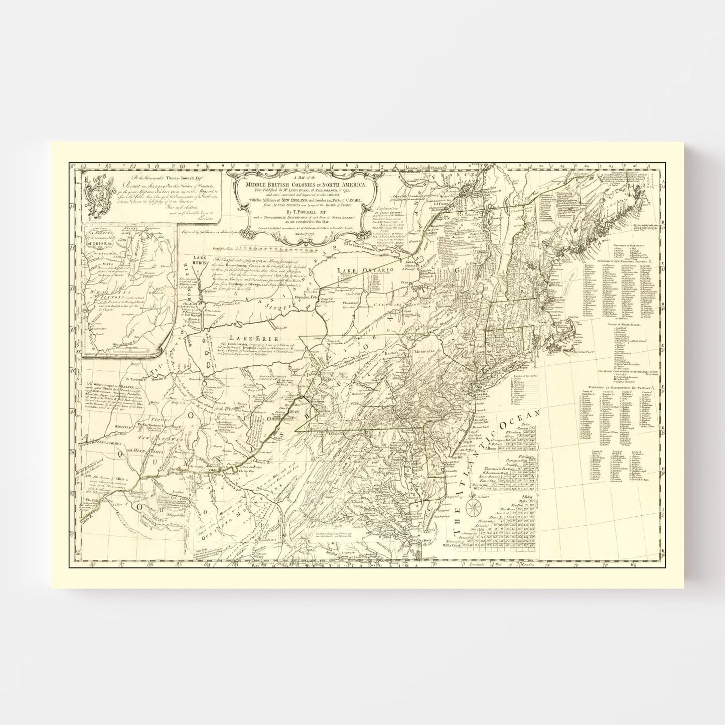 Vintage Map of the Middle British Colonies in North America, 1755