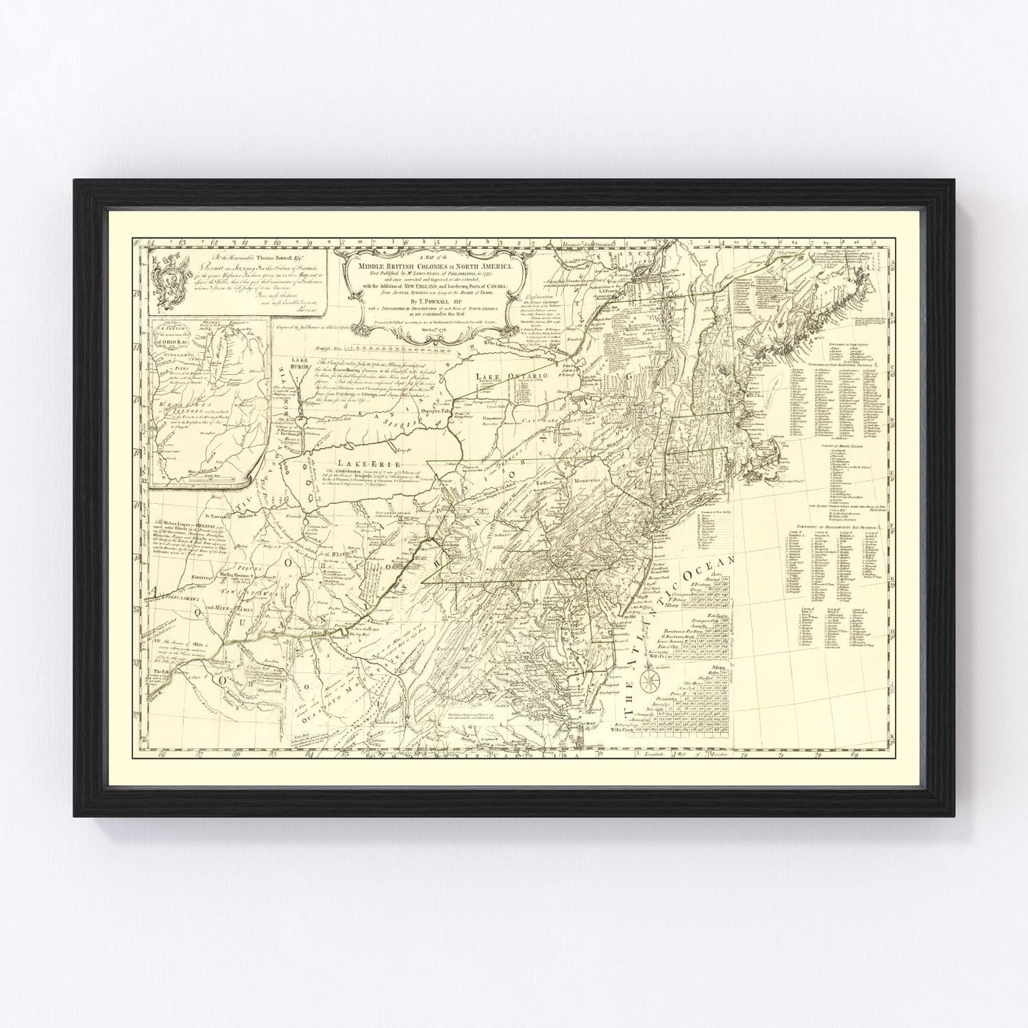 vintage map of the Middle British Colonies in North America, 1755
