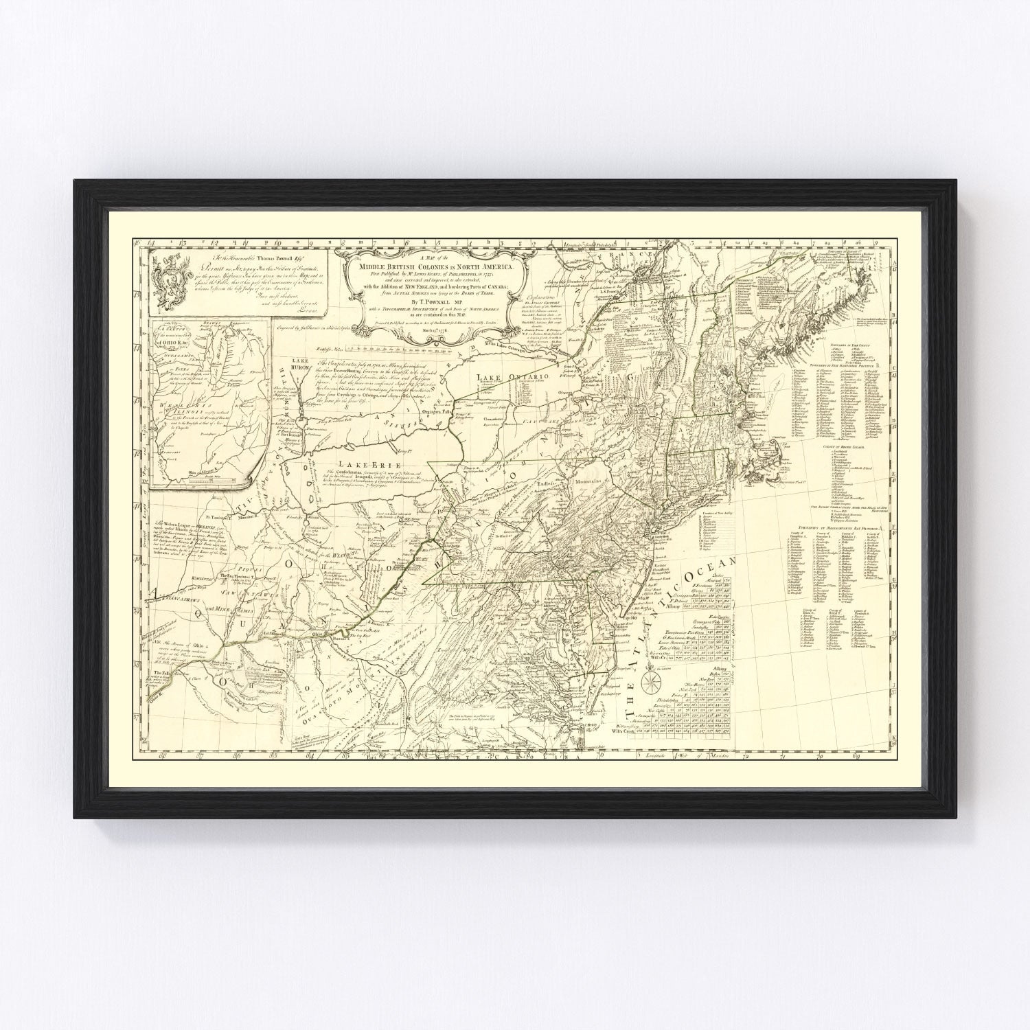 vintage map of the Middle British Colonies in North America, 1755