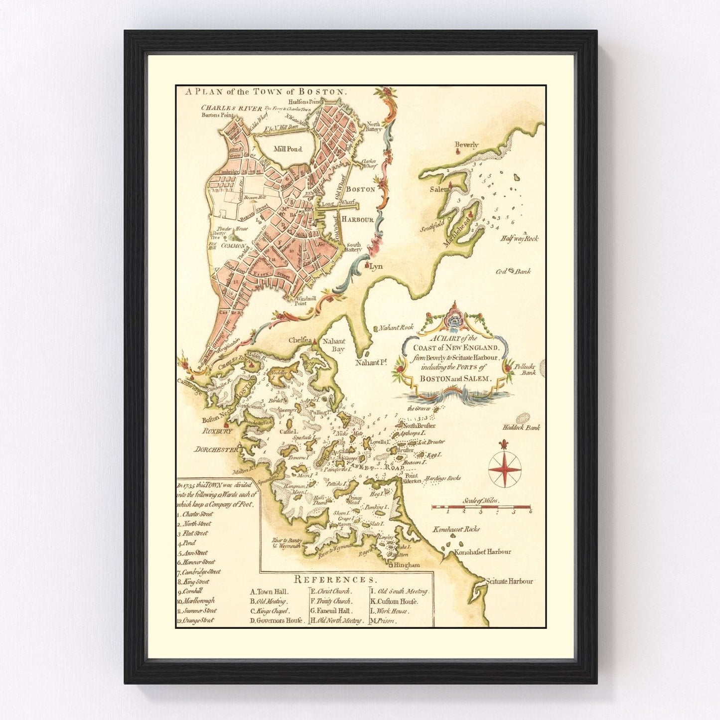 Vintage map of Boston Massachusetts 1774, Revolutionary War era restored print