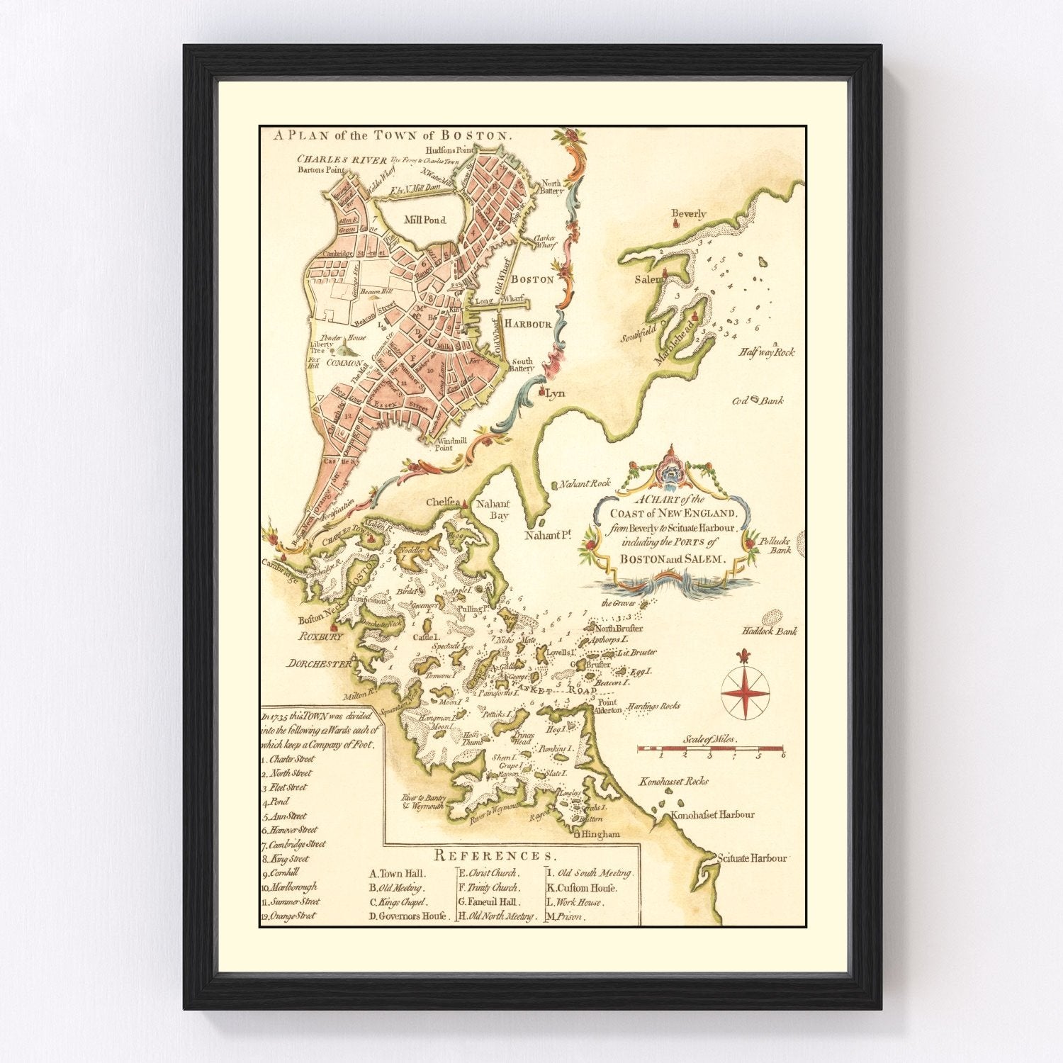 Vintage map of Boston Massachusetts 1774, Revolutionary War era restored print