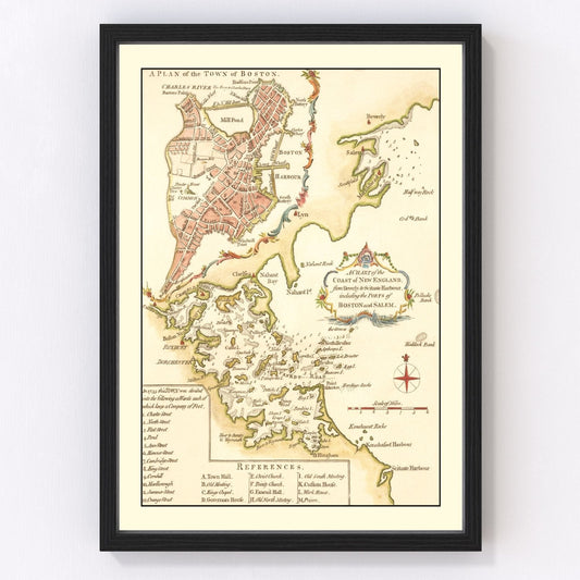 Vintage map of Boston Massachusetts 1774, Revolutionary War era restored print