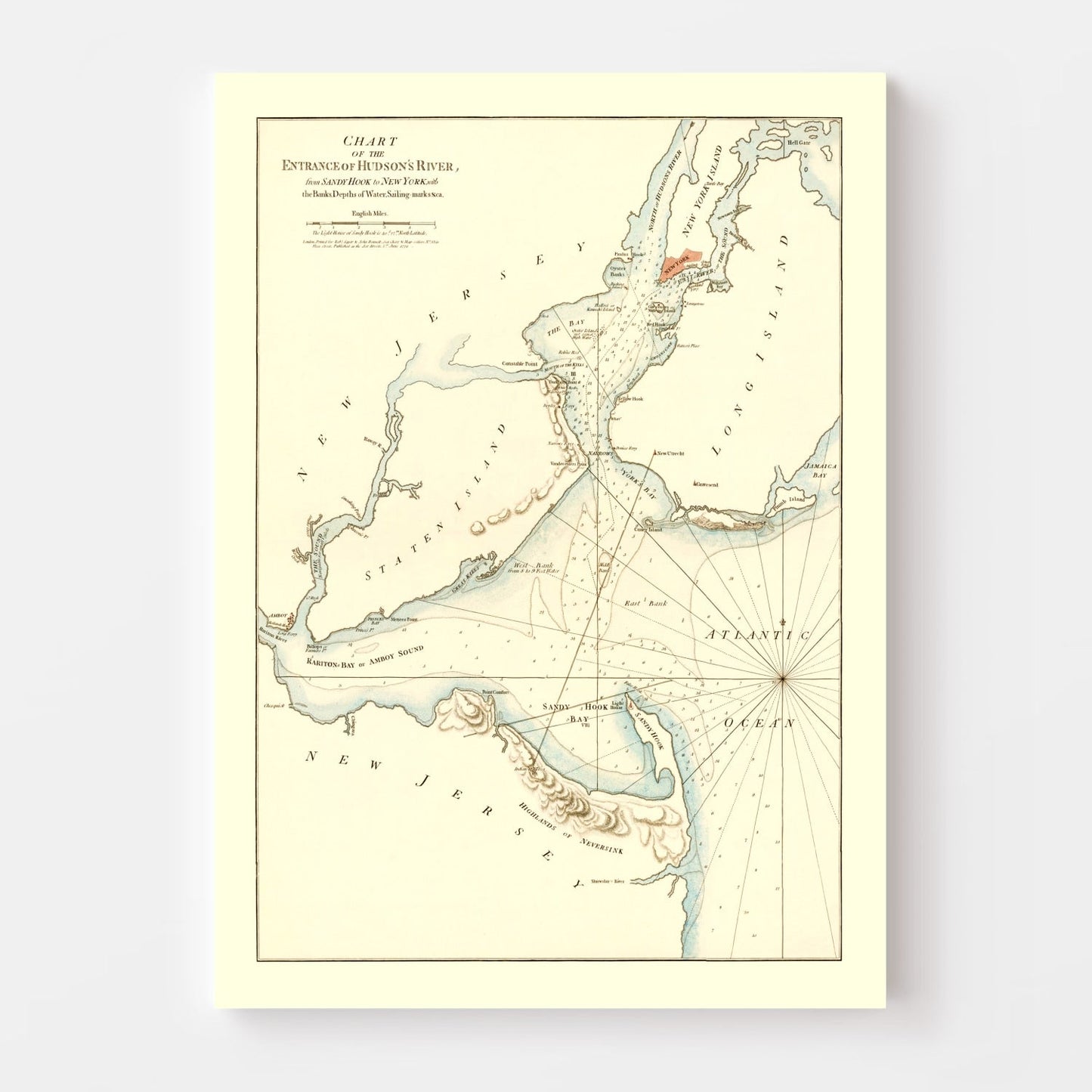 Vintage Entrance of Hudson River Map, 1776