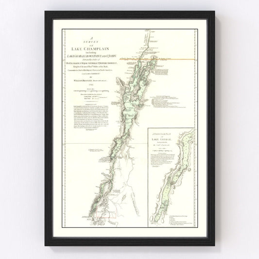 Vintage Revolutionary War map of Lake Champlain fortifications, 1776