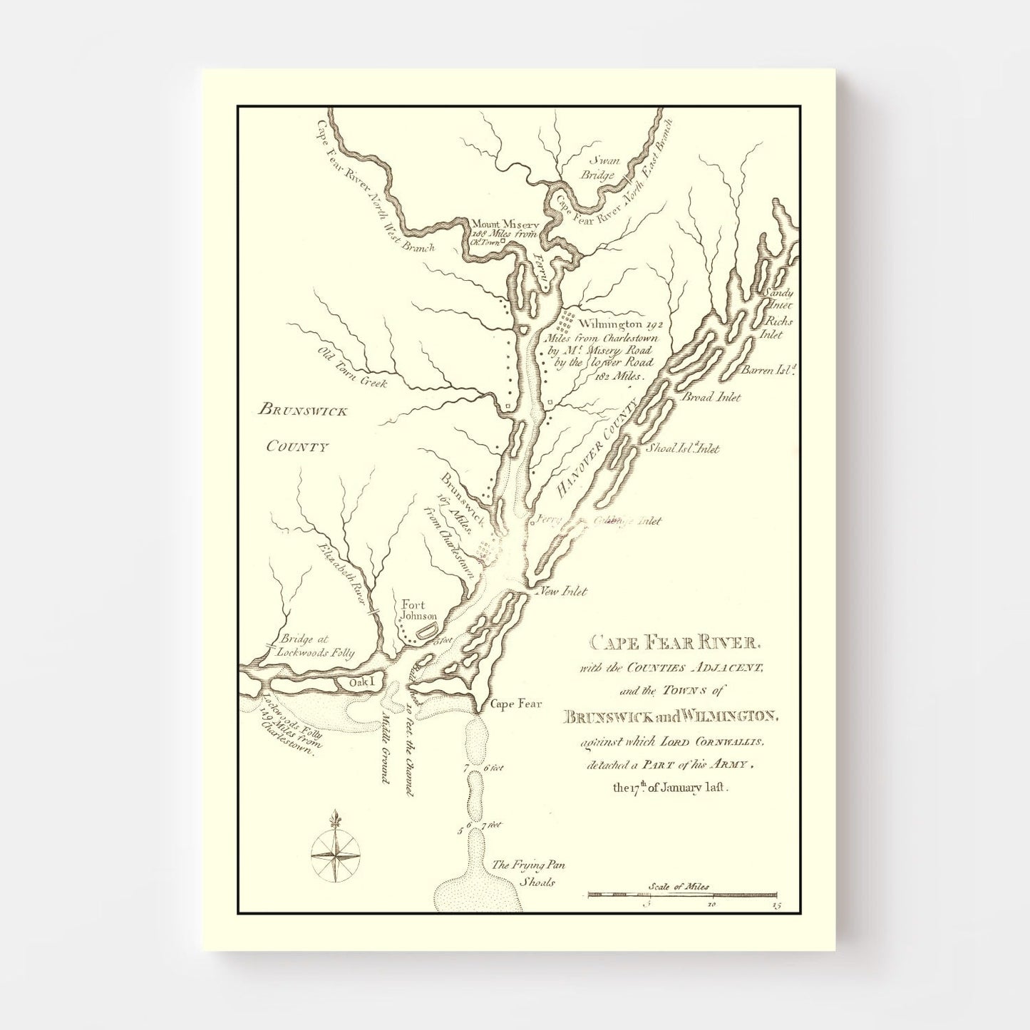 Vintage Cape Fear River Map, North Carolina, 1781