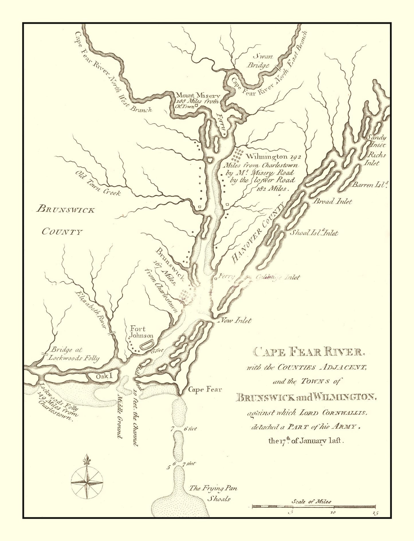 Vintage Cape Fear River Map, North Carolina, 1781