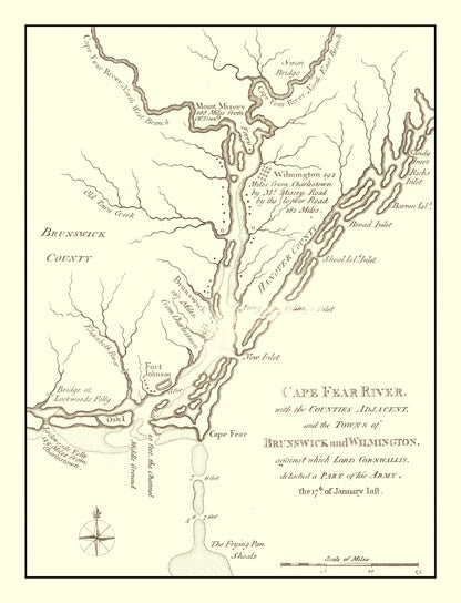 Vintage Cape Fear River Map, North Carolina, 1781