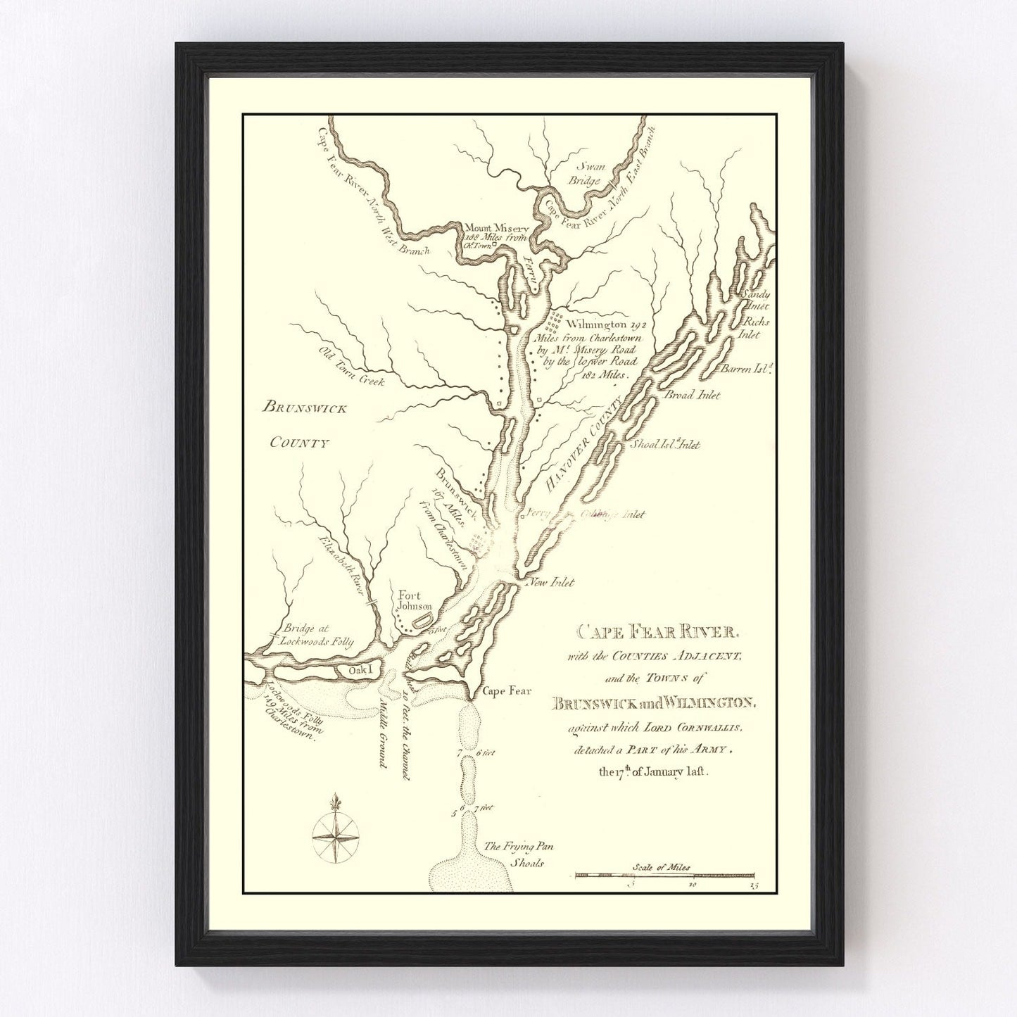 Restored vintage map of Cape Fear River, North Carolina, 1781