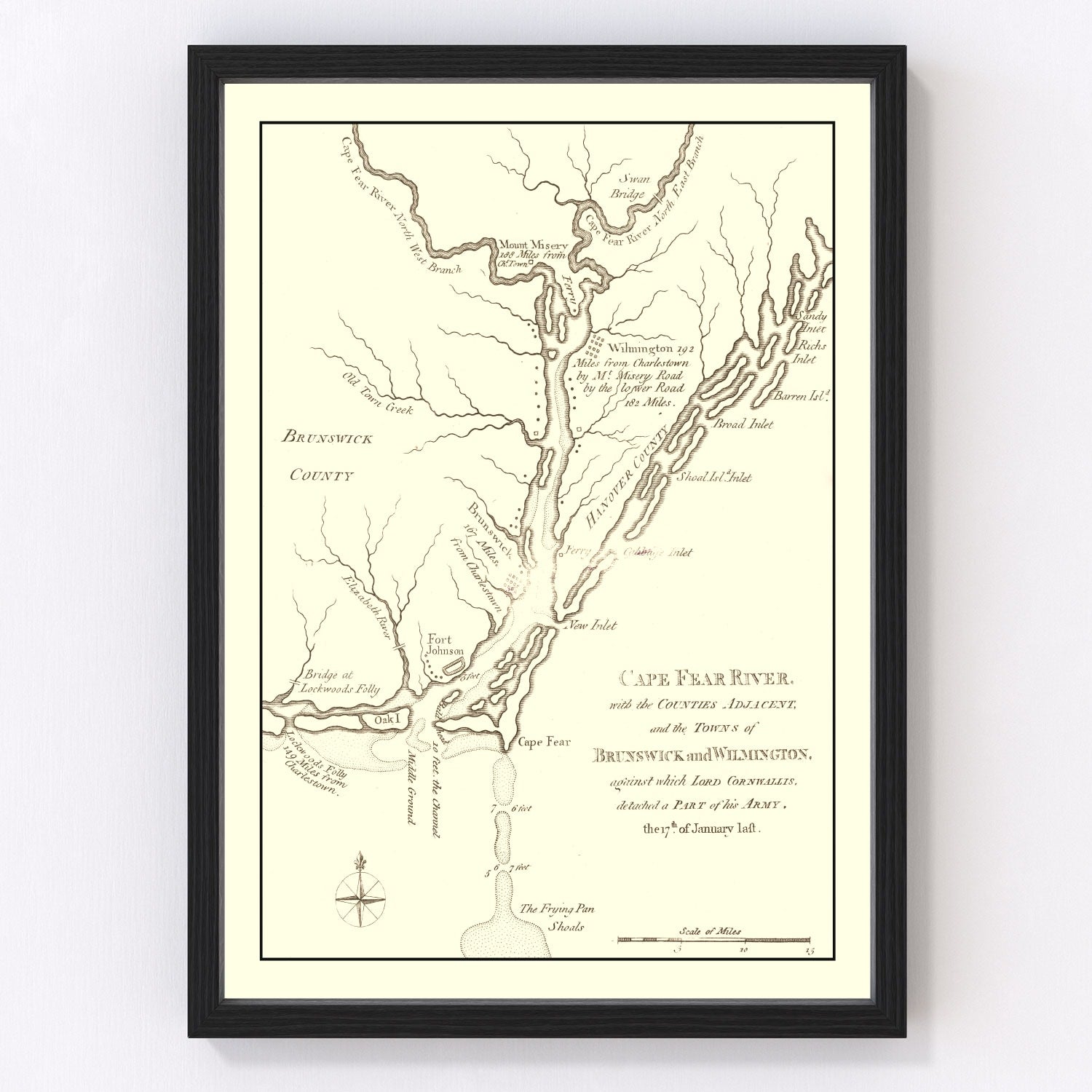 Restored vintage map of Cape Fear River, North Carolina, 1781