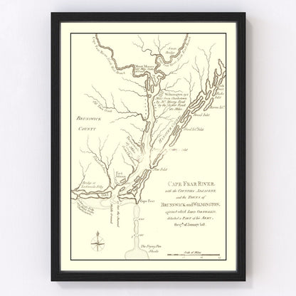 Restored vintage map of Cape Fear River, North Carolina, 1781