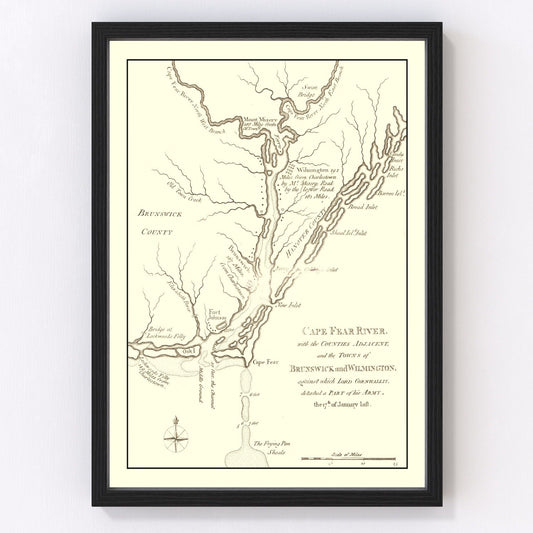 Restored vintage map of Cape Fear River, North Carolina, 1781