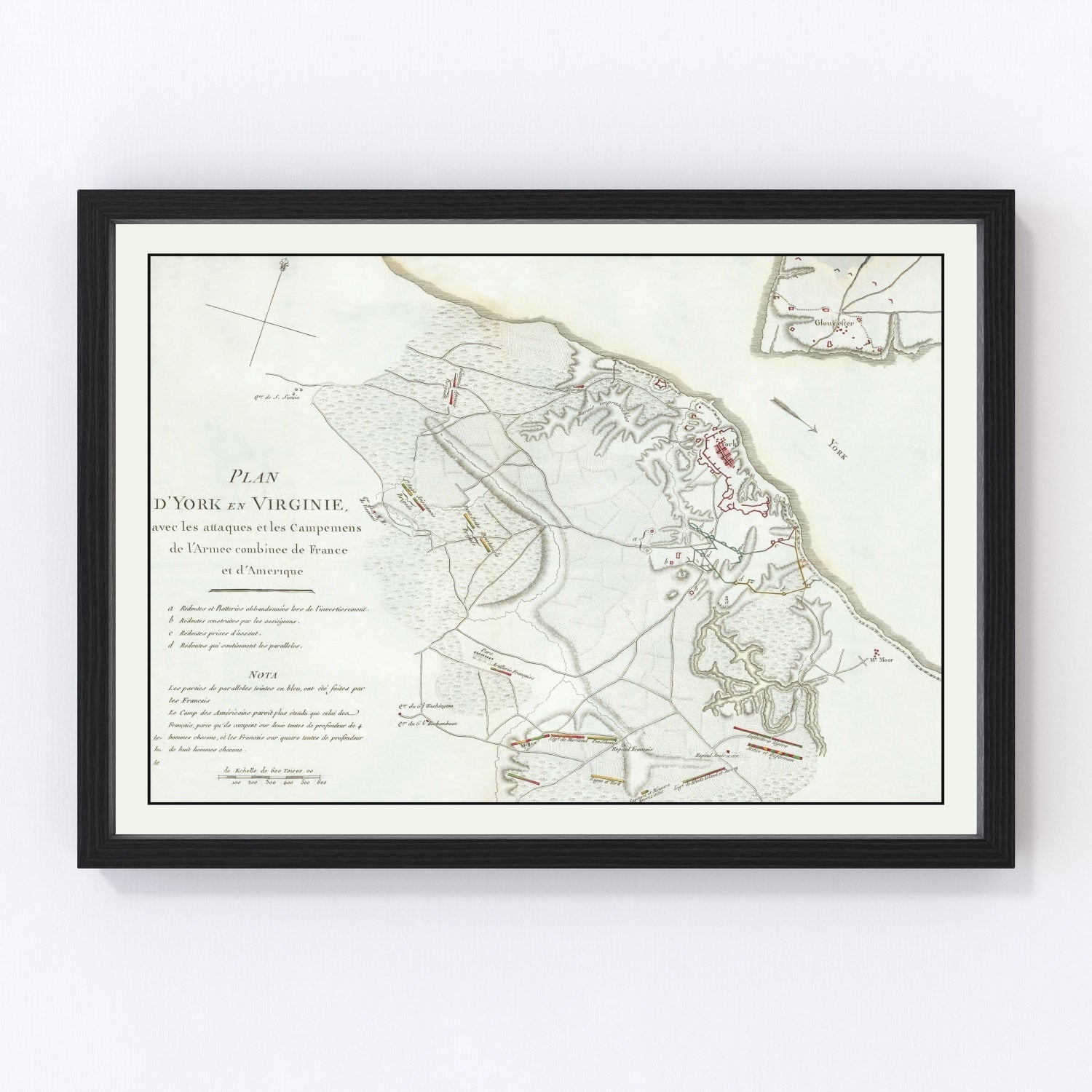 Battle of Yorktown vintage battle map 1787, Revolutionary War restored print wall art