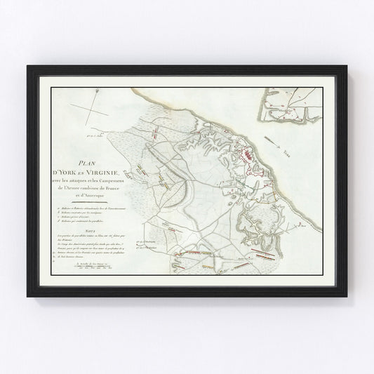 Battle of Yorktown vintage battle map 1787, Revolutionary War restored print wall art