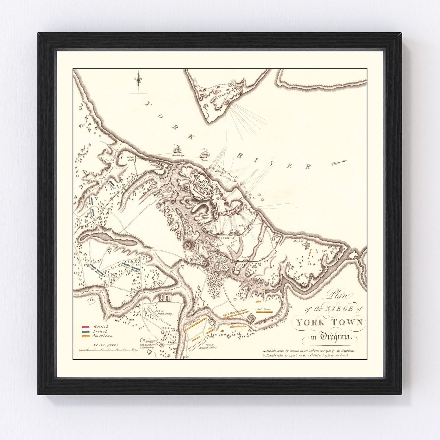 Vintage 1787 military map of the Siege of Yorktown Virginia, American Revolutionary War era restored print