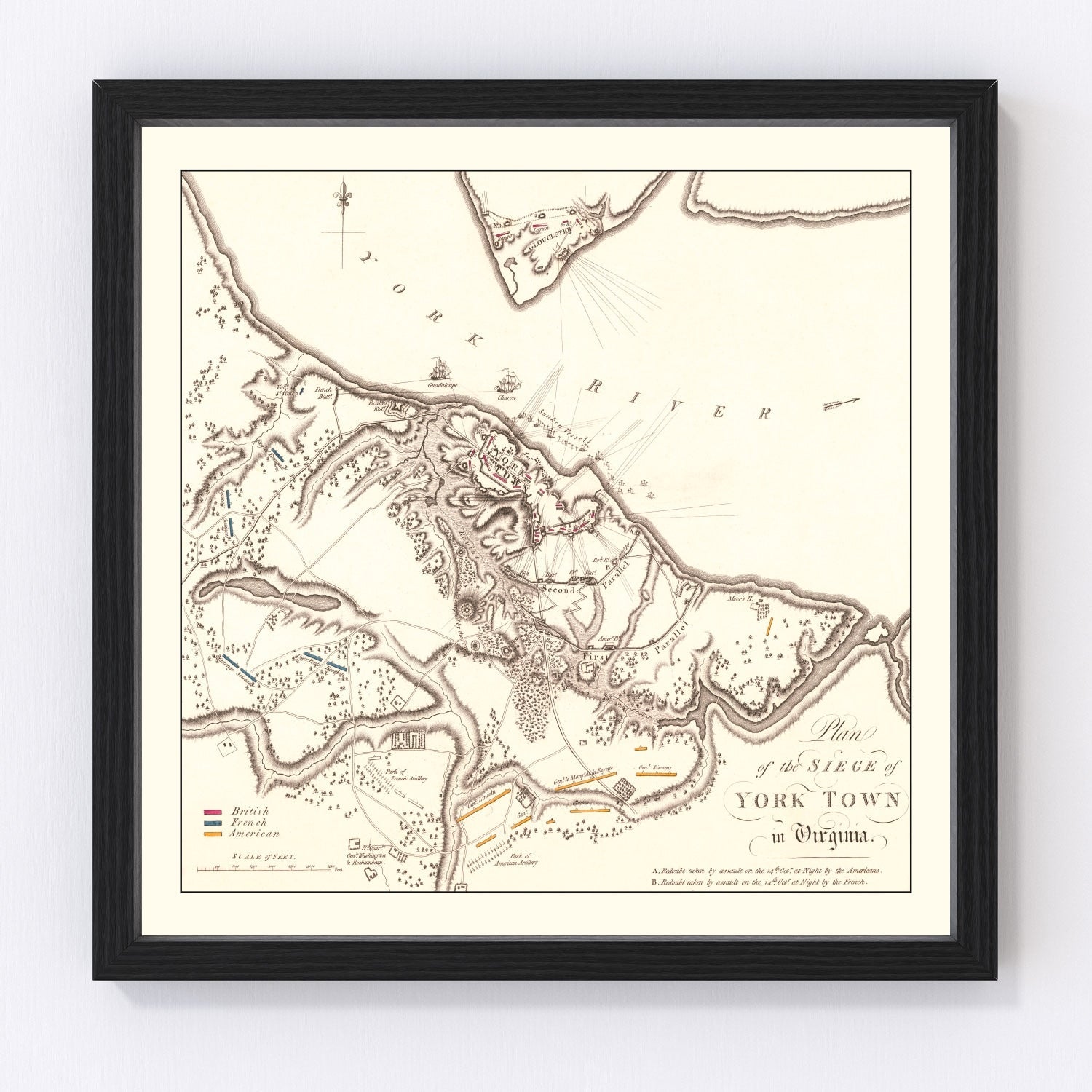 Vintage 1787 military map of the Siege of Yorktown Virginia, American Revolutionary War era restored print