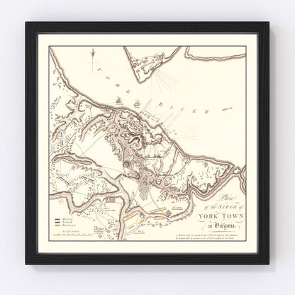 Vintage 1787 military map of the Siege of Yorktown Virginia, American Revolutionary War era restored print