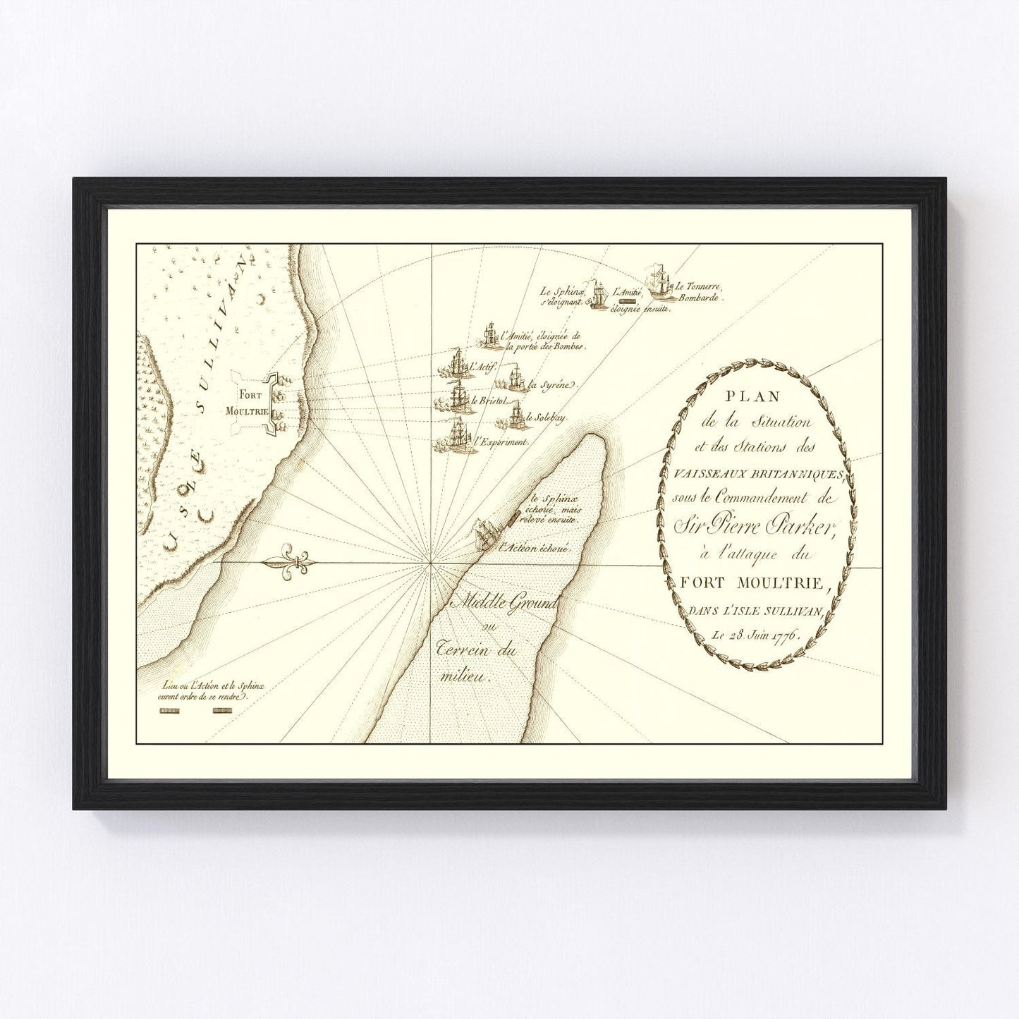 Battle of Sullivan's Island vintage battle map 1787, Revolutionary War restored print wall art