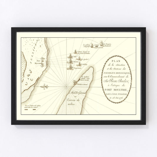 Battle of Sullivan's Island vintage battle map 1787, Revolutionary War restored print wall art