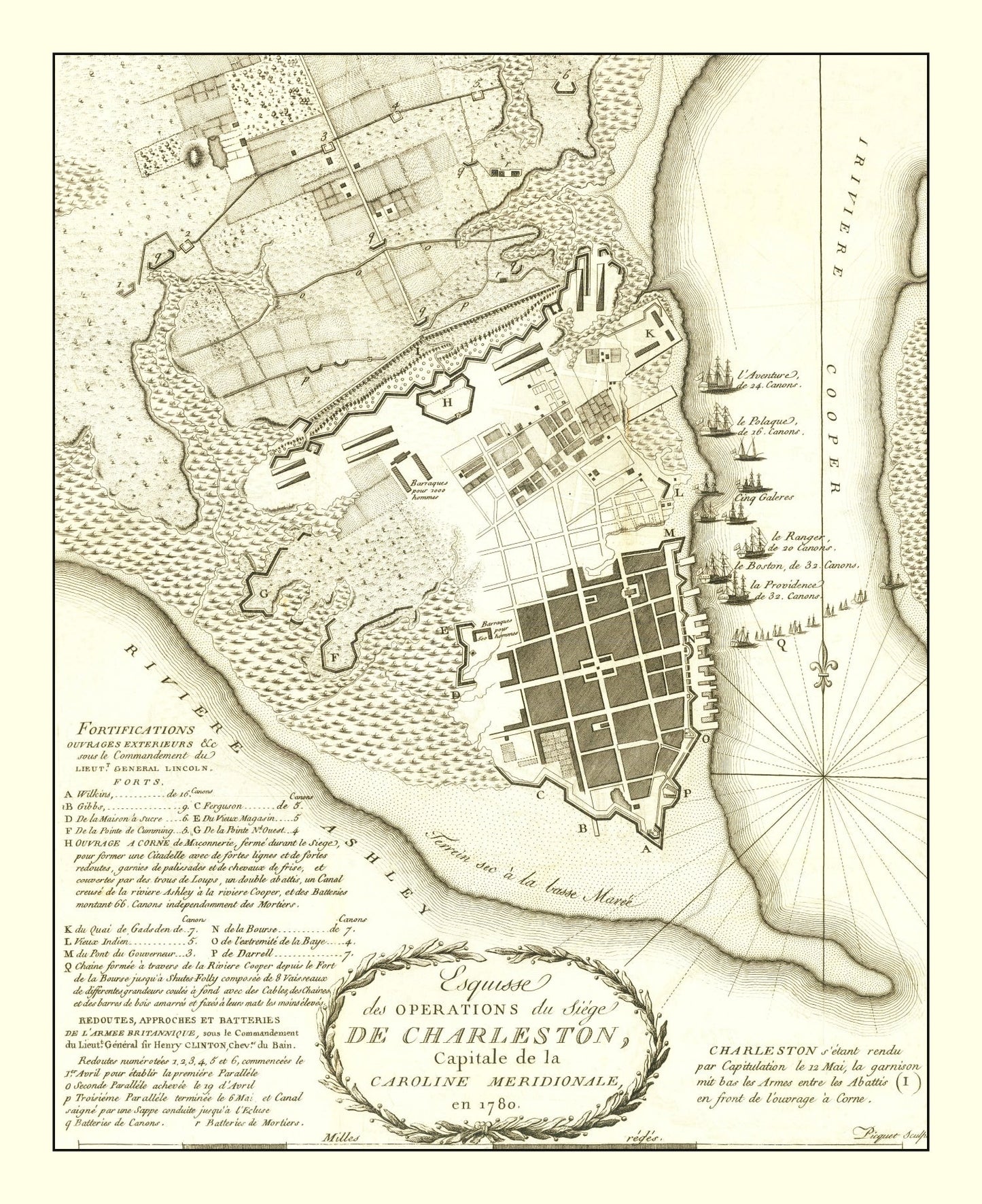 Vintage Map of the Siege of Charleston, 1787