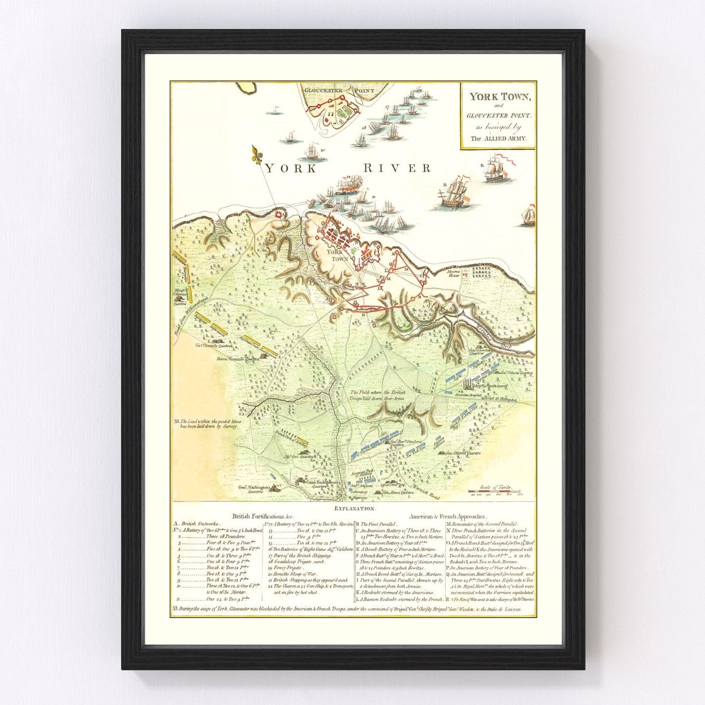 Vintage 1788 map of Yorktown and Gloucester Virginia showing Revolutionary War siege positions, restored print