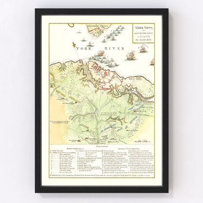 Vintage 1788 map of Yorktown and Gloucester Virginia showing Revolutionary War siege positions, restored print